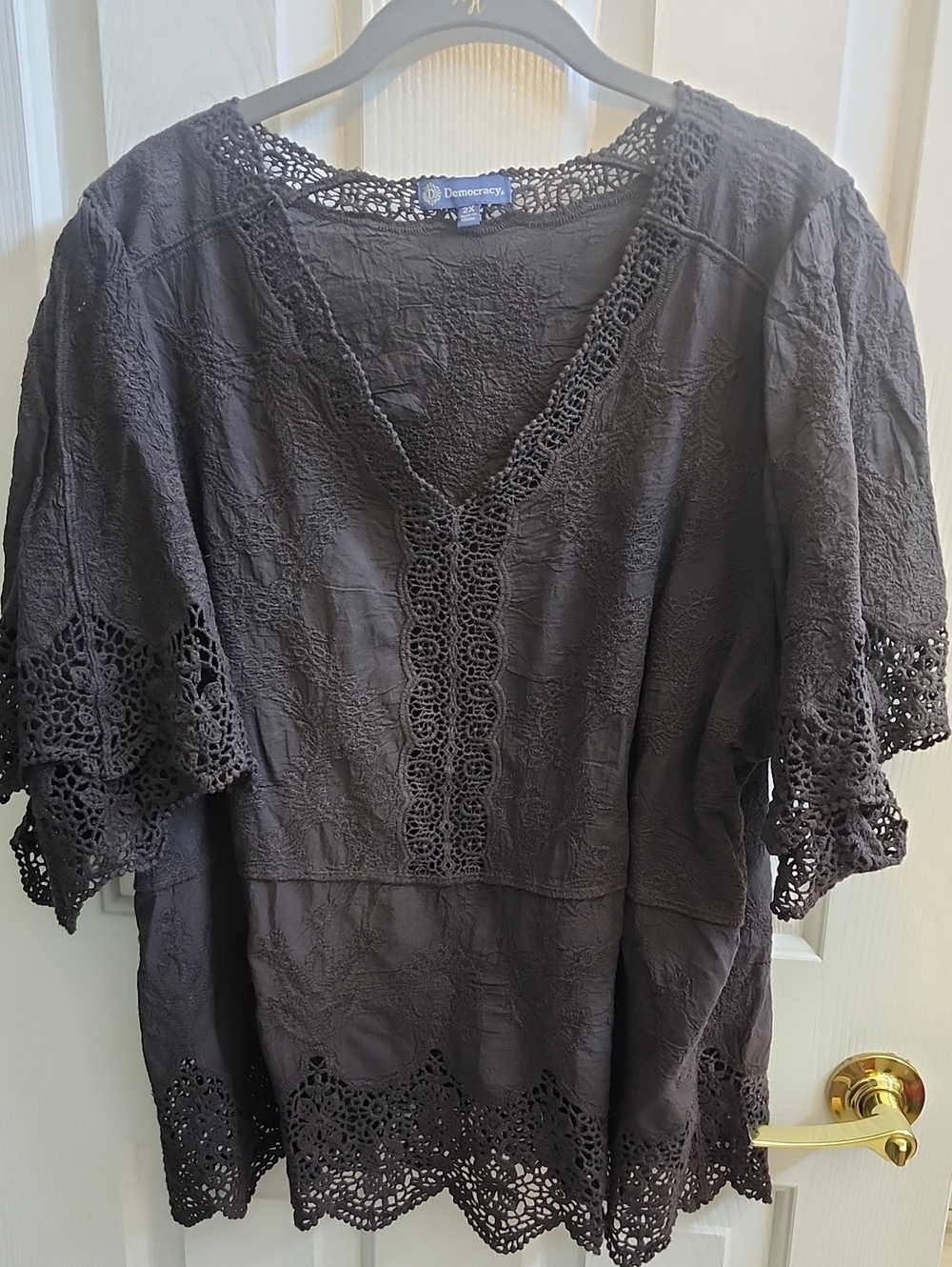 Democracy Crochet Trim Black V-Neck Women's Top